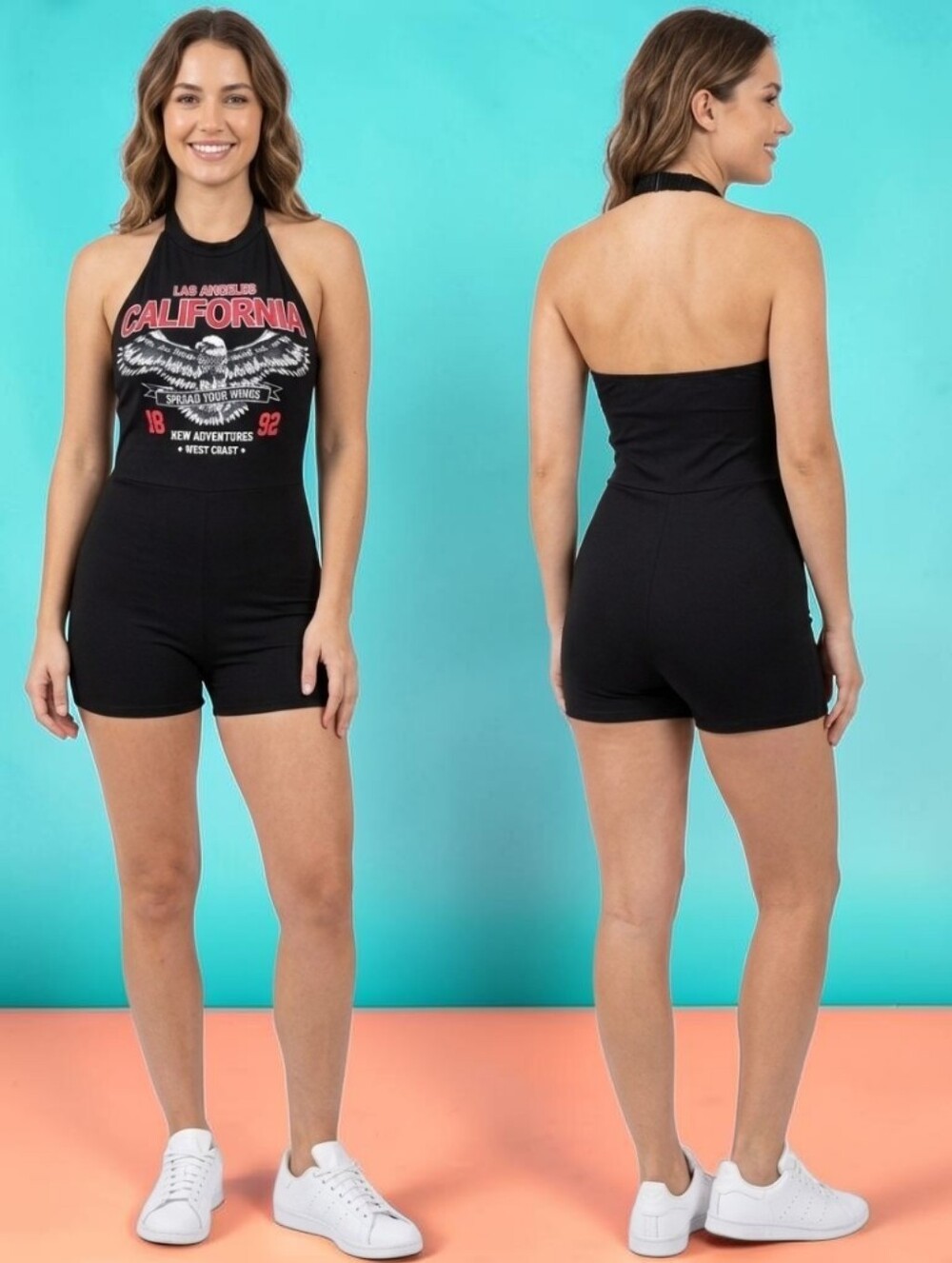 Like New 🖤 SHEIN Women's Black Halter Neck Graphic Romper